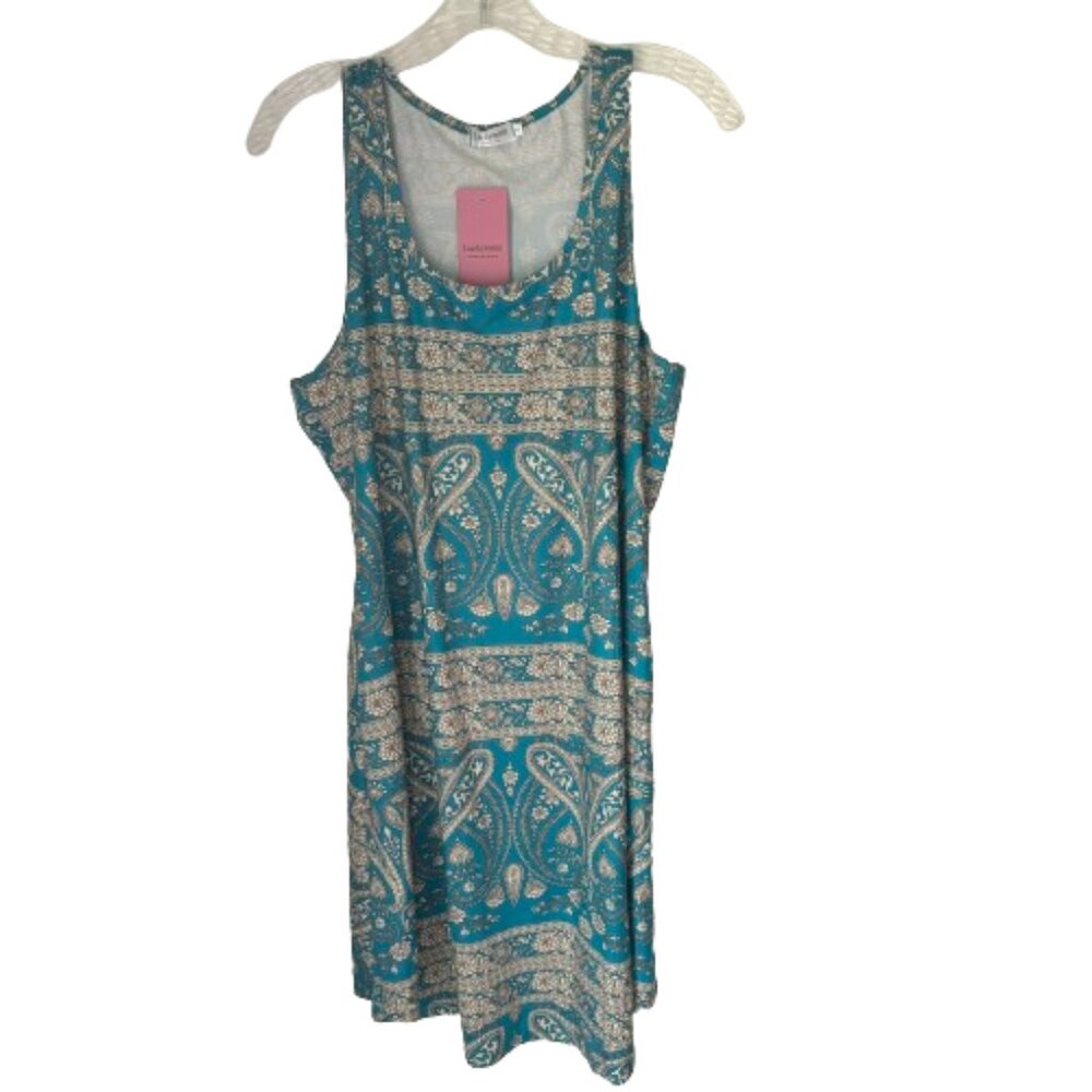 Lucky More Razorback Bohemian Floral Paisley Teal Pockets Shift Dress Size L